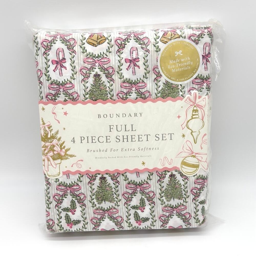 Christmas Pink Coquette Frames Trees Bells Holly Bows FULL Sheet Set NEW